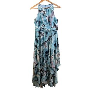 R M Richards Black Aqua Floral Halter Sleeveless‎ Chiffon Gown Hankie Hemline 8
